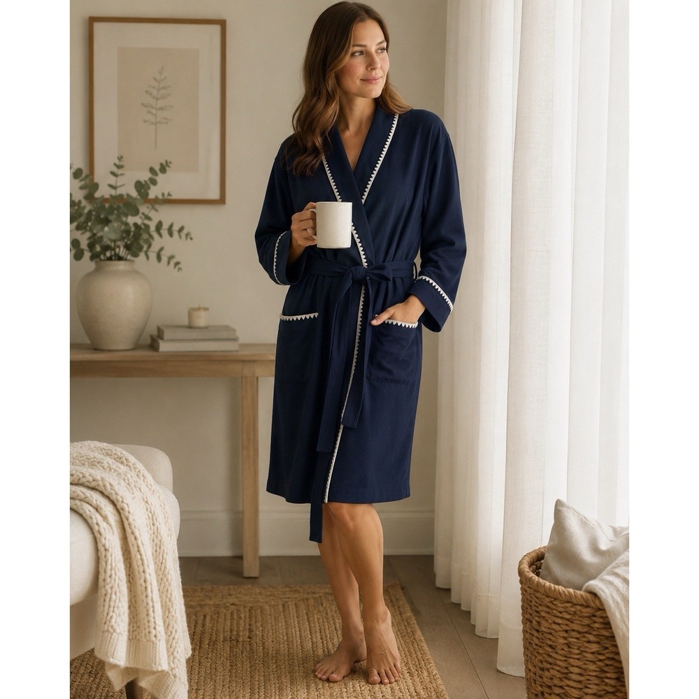 The Company Store Women Peruvian Robe L Navy Blue Cotton Embroidered Trim Belt